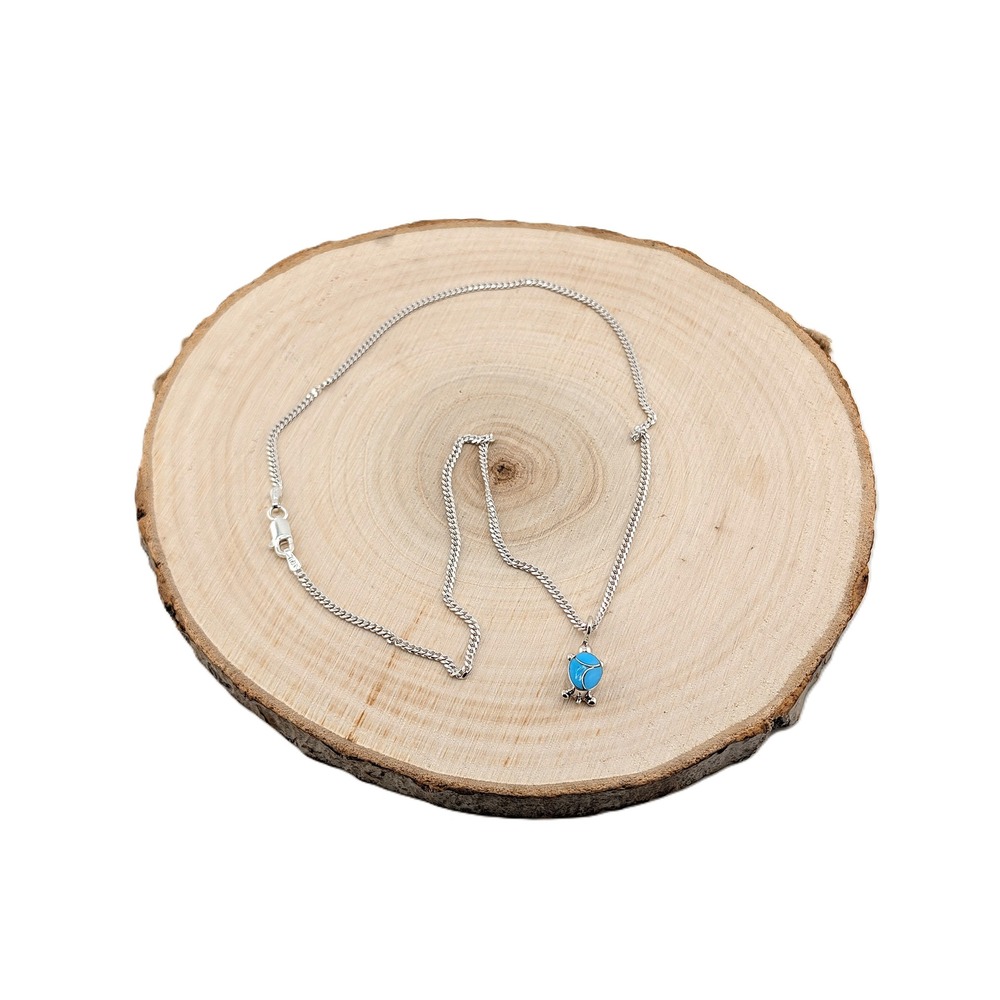 Zuni-Style‎ Turquoise Inlay Turtle Pendant-16" Sterling Silver Miami Chain **